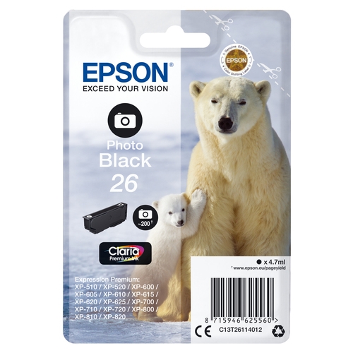 """Cartouche originale Epson 26 """"Ours polaire"""" noire Photo 4 ml